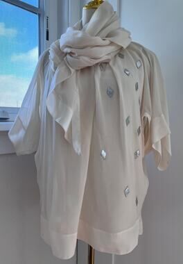 Late Y2K Marc Jacobs Ivory Silk Draped Scarf Blouse Silver Leather Appliqué Sz4
